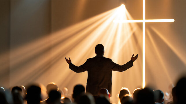 Faceless pastor standing near a large illuminated cross while addressing worshipers, dramatic light beams, Christian sermon, faith leadership, with copy space