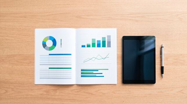 Business meeting preparation with charts and tablet on wooden desk