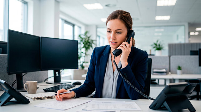 Businesswoman on phone in modern office taking notes
