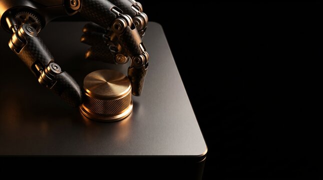 Macro top down view of dark humanoid robotic fingers adjusting knurled metallic potentiometer dial on pitch black background with rim lighting for fine frequency tuning and volume control concept