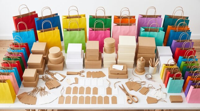 Colorful gift bags, boxes, and tags arranged on a table for wrapping and gifts.