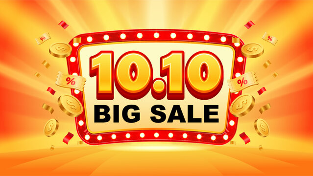 10.10 Big Sale Marquee Sign with Glowing Bulbs, Shopping Coupons and Coins on Orange Yellow Background, E-Commerce Retail Promotion Banner
