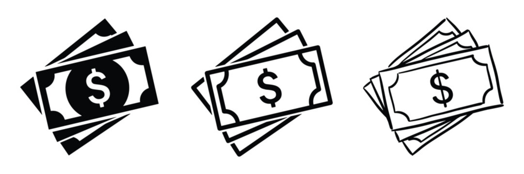 Fanned cash dollar bills icon set in solid outline and sketch styles