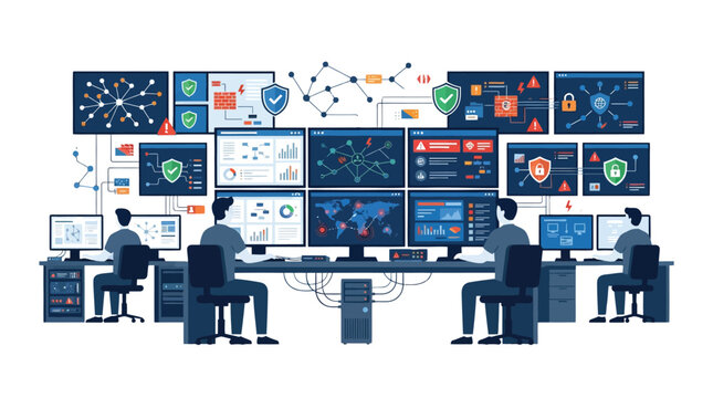 Cyber security monitoring room concept, vector flat illustration. IT specialists working in a command center analyzing data on multiple screens. Network protection, firewall icons