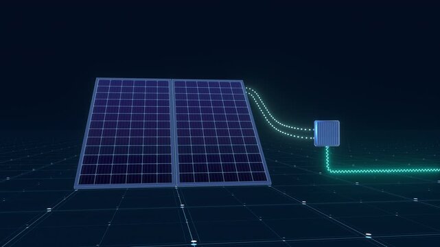 Slow camera pan around a digital holographic solar panel array and an inverter box, featuring glowing lines that demonstrate direct and alternating current energy flow for a presentation backdrop.
