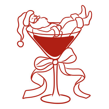 Santa Claus in cocktail glass illustration. Santa martini clipart. Christmas holiday drink vector line art