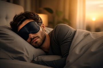 Obraz premium A young man wearing an eye mask is sleeping in a bed during sunrise.