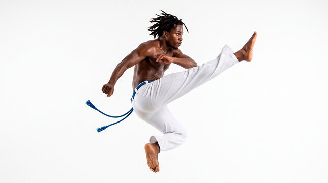 Capoeira practitioner performing a dynamic kick in mid-air against a white background