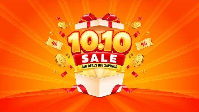 10 10 Sale Gift Box Promotion with Red Ribbon, Discount Coins, Coupons and Confetti, Bright Orange Yellow Retail Shopping Banner for E-Commerce Marketing and Special Shopping Festival Campaign