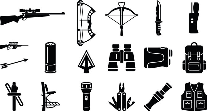 Hunting Equipment and Outdoor Sport Silhouette Icon Set with Rifle, Compound Bow, Crossbow, Binoculars, Knife, and Vest for Wildlife Recreation Designs