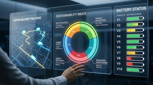 Person using a digital dashboard showing sustainability index and electric vehicle battery status
