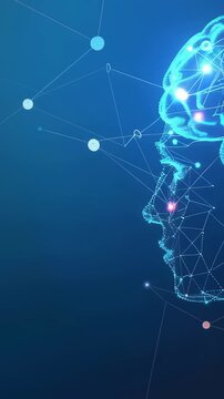 Blue-toned abstract image shows a stylized human profile with a visible brain composed of connected nodes and lines, suggesting neural networks, intelligence, and artificial intelligence concepts.