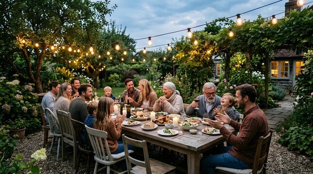 Outdoor Family Gathering With String Lights And Flowers