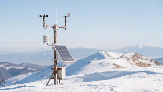 An automatic weather station (AWS) with a solar panel and anemometer stands on a snowy mountain summit. Concept of meteorological measurement, climate monitoring, and weather forecast data.
