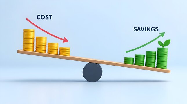 Conceptual 3D illustration of a seesaw balancing cost reduction and savings growth featuring coin stacks with directional arrows on a blue background.