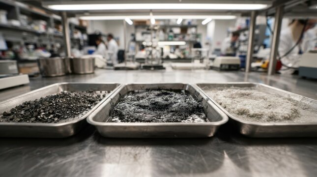Glossy black battery material, magnetite granules, and silver filter cake in stainless trays under laboratory lights.