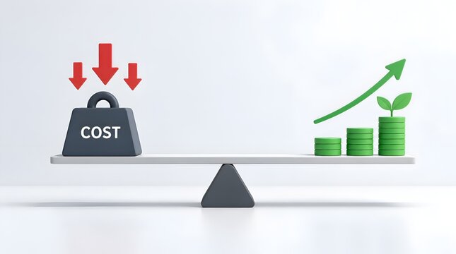 Business balance concept showing cost reduction and financial growth with a seesaw, weight, and rising coin stacks on white background.