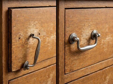 before-and-after repair concept without text Close-up of two wooden drawers with vintage metal handles on a textured surface