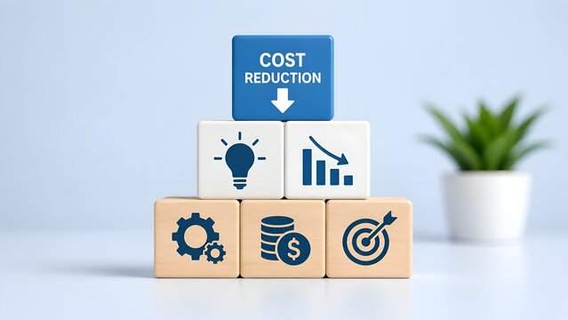 Cost reduction strategy and business optimization concept shown through stacked blocks with financial icons, innovation symbols, and growth charts on a clean professional background.
