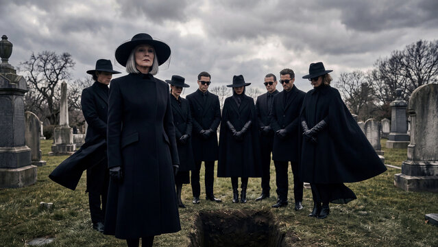 A group of mourners in black attire gather at an open grave during a funeral burial service. Concept of family inheritance, mourning grief, and gothic cinematic atmosphere.