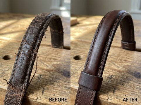 before-and-after repair concept without text Close-up comparison of a worn leather belt handle before and after repair.
