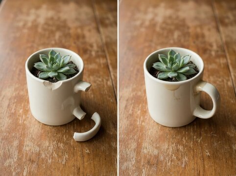 before-and-after repair concept without text Succulent plant growing in a broken ceramic mug on a wooden surface.