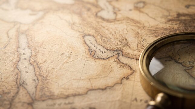 Vintage world map with brass magnifying glass, antique cartography on aged parchment paper, historical exploration and travel concept