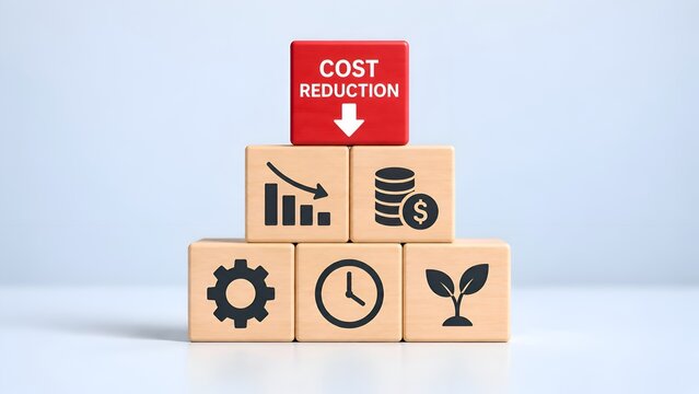 Conceptual image of cost reduction strategy using wooden blocks featuring icons for finance, time efficiency, and growth, topped with a red block indicating decreased expenses on a blue background.