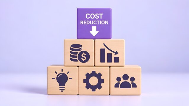 Business strategy concept for cost reduction featuring wooden blocks with finance, teamwork, and idea icons for corporate efficiency.