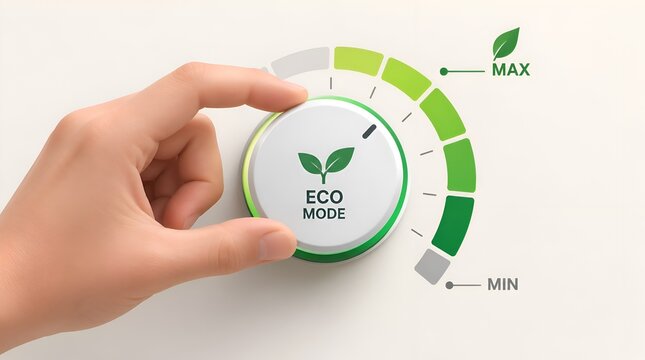 Human hand turning a white circular dial to maximum eco mode setting, representing energy efficiency, sustainability, and environmental conservation through green technology and smart saving.