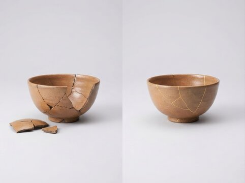 before-and-after repair concept without text Broken ceramic bowl repaired using kintsugi art technique on white background