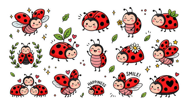 Cute cartoon ladybug sticker set isolated on transparent background