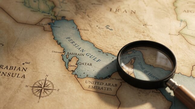 Vintage map of the Persian Gulf with magnifying glass. Antique Middle East cartography on aged paper. Historical exploration concept.