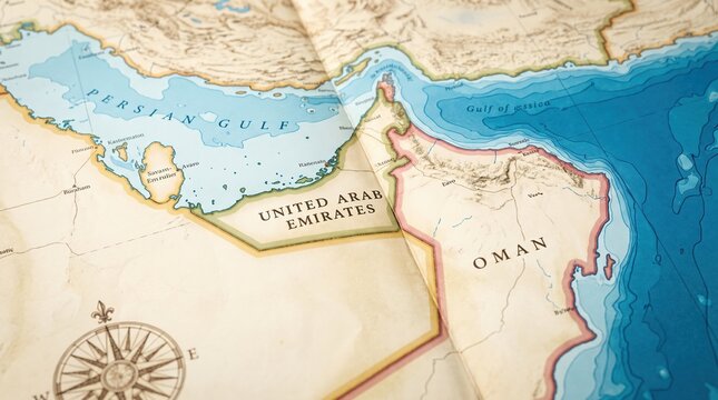 Vintage map of United Arab Emirates and Oman, antique Persian Gulf nautical chart, historical Middle East atlas illustration