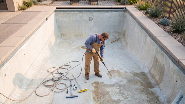 A pool technician uses a pressure washer wand to clean an empty concrete swimming pool in a backyard. Concept of pool maintenance and deep cleaning restoration service.
