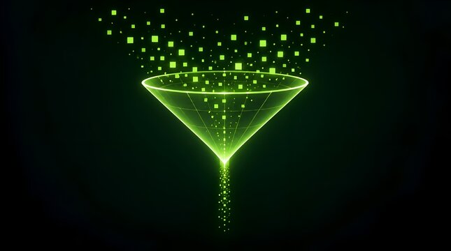 Abstract green digital funnel filtering glowing data particles on black background, representing AI processing, big data information flow, and business sales conversion analytics.