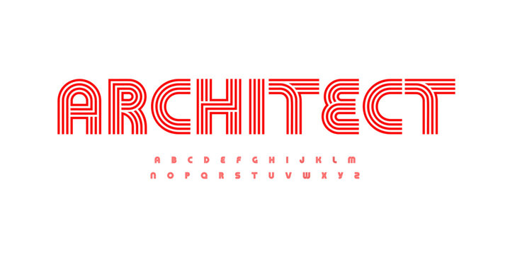 Striped Retro Sport Font Linear Logo Outline Alphabet Geometric Pattern Letter Set Modern Typography. Creative Typographic Design for Road Title Soccer Poster Headline. Bauhaus Fonts. Vector Typeface