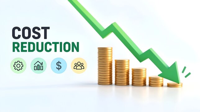 Business cost reduction concept illustration featuring a descending green arrow over decreasing stacks of gold coins with professional management icons on a clean white background.