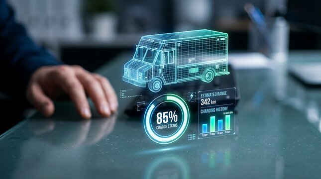 Digital hologram of an electric delivery truck showing charge status and battery range data