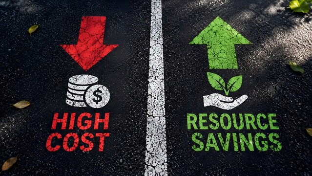Conceptual image on asphalt road comparing high cost reduction versus resource savings using red and green arrows with icons for sustainable business efficiency and financial optimization.