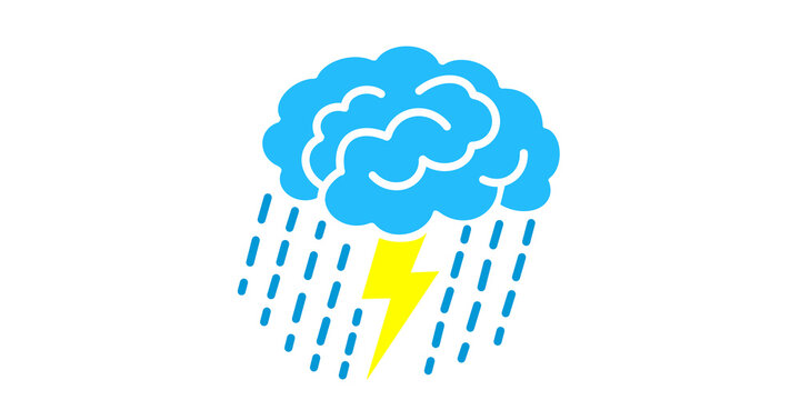 Brain storming icon with blue cloud shape and yellow lightning bolt sign.