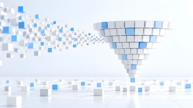 Abstract 3D data funnel showing digital information processing and big data conversion with blue and white cubes forming a systematic flow for artificial intelligence and cloud analytics concepts.