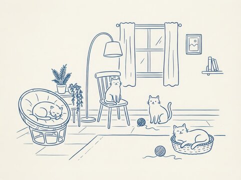 Cozy living room scene with multiple cats, line art illustration featuring cats in a chair, a basket, and playing with yarn on a light background