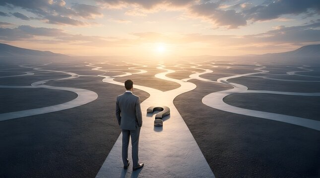 Businessman at a crossroads facing multiple paths and a large question mark at sunrise, symbolizing career choices, strategic decisions, and the journey toward an uncertain future.