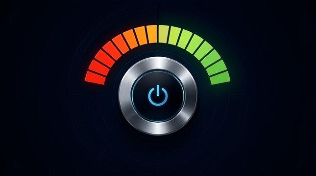 Power button with performance gauge meter on dark background. Visualizes energy efficiency, system optimization, start-up concept, and technology control with colorful scale indicator.