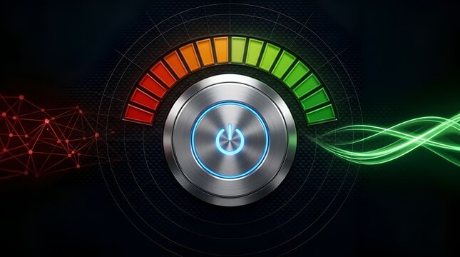 Futuristic metallic power button with glowing blue icon and colorful performance gauge representing energy efficiency and system startup on a dark abstract background.