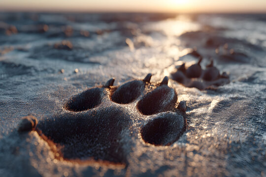 Animal Paw Print in Wet Sand at Sunset - Nature and Wildlife Perspective for Art and Decor Inspiration