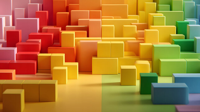 Abstract Geometric Block Arrangement with Vibrant Rainbow Colors for Modern Design Concepts