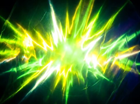Abstract green and yellow energy explosion radiating light on dark background with fabric texture for science concept.