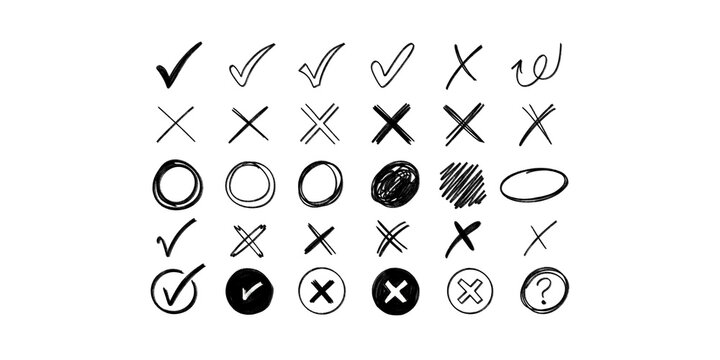 Doodle black check marks crosses and circles collection for designs.